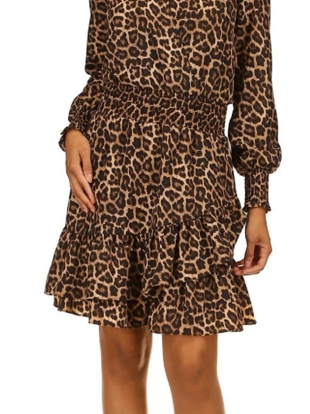 Michael Kors Brown Leopard Print Long Sleeve Ruffle Dress